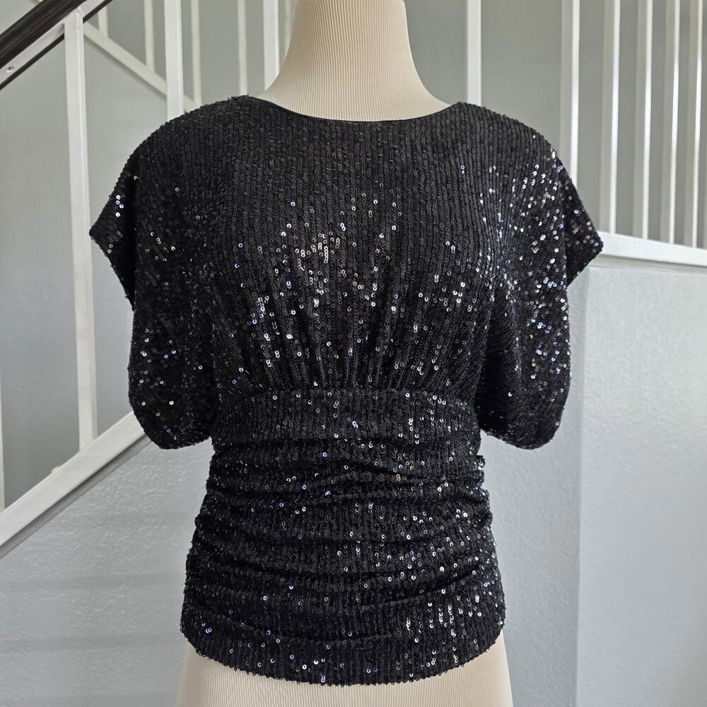 Nicole Miller Sequin Ruched Waist Black Blouse Women’s Sz Medium NWT